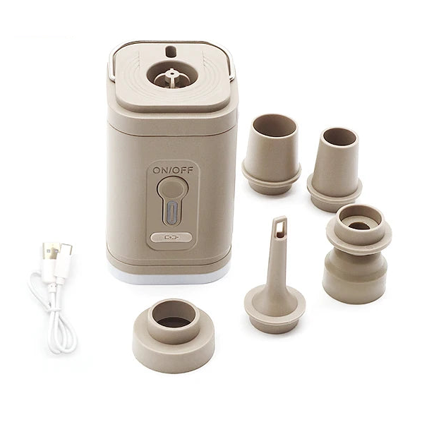Khaki mini pump with five nozzle attachments and a white USB charging cable.