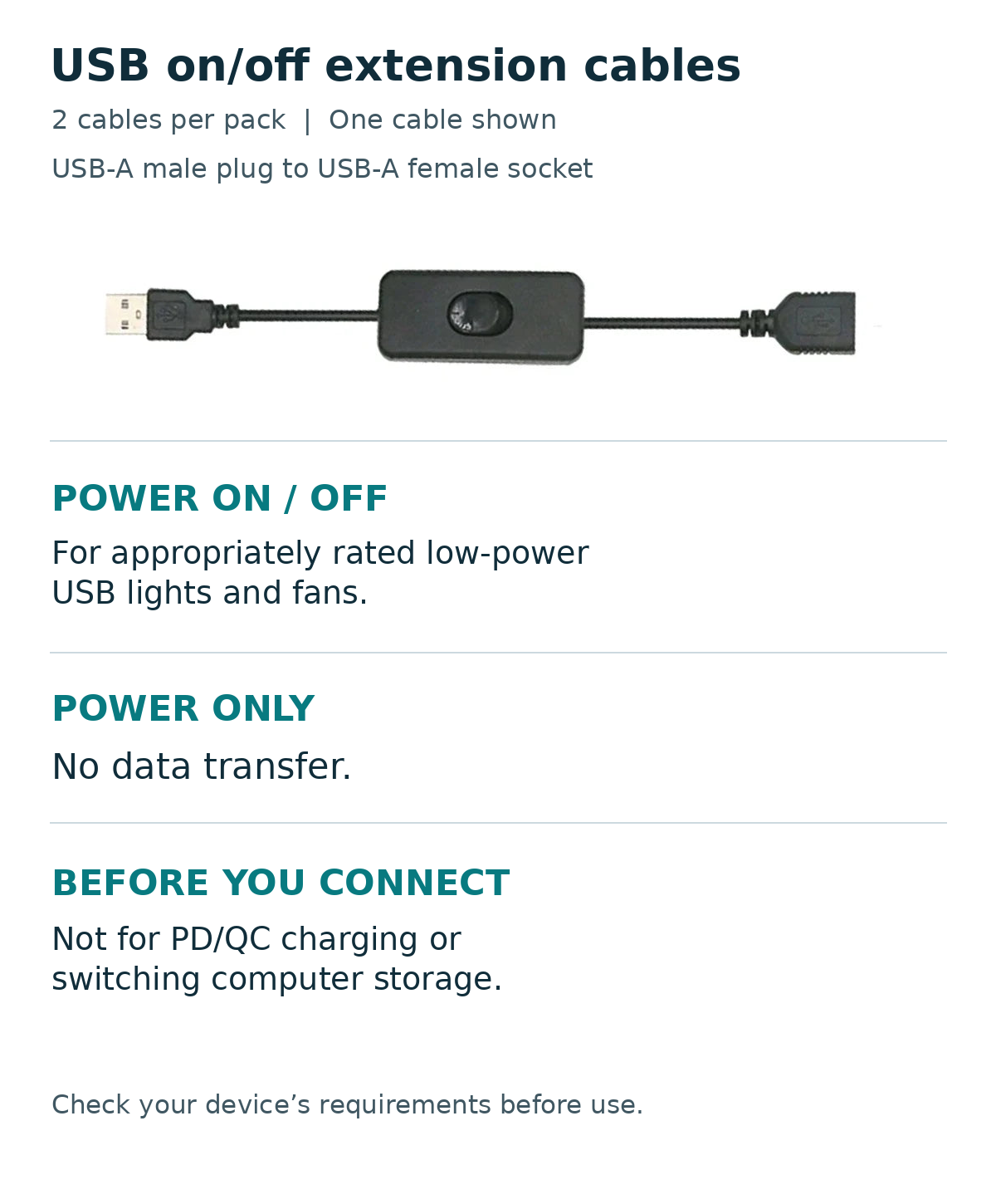 USB-A inline-switch cable, shown as one of a two-pack. For appropriately rated low-power USB lights or fans. Power switching only; no data transfer, PD/QC charging or computer-storage use.