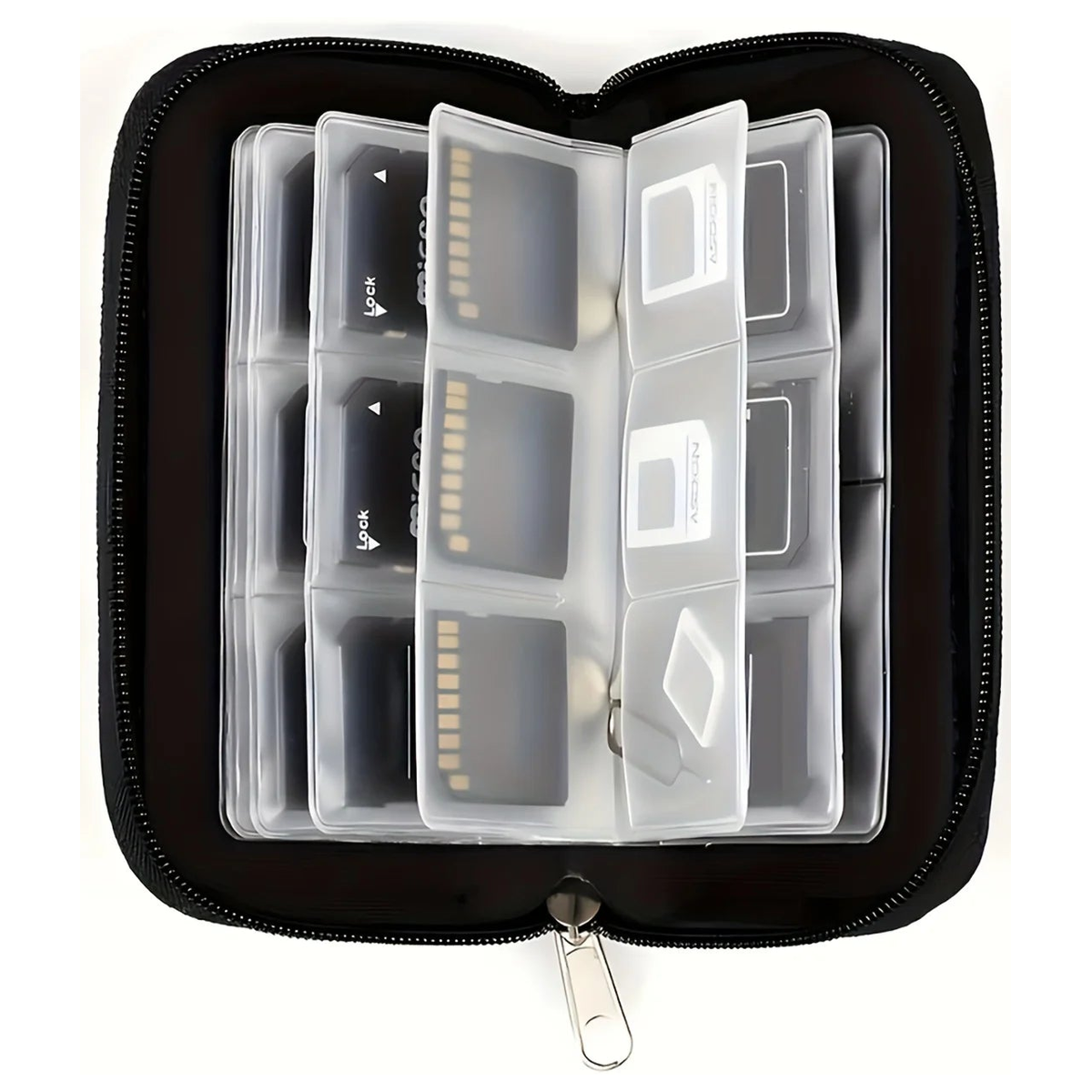 Black card-storage wallet opened to clear pocket pages; pictured cards and adapters are not included.