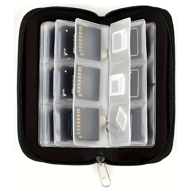 Open fabric memory-card wallet; pictured cards are not included