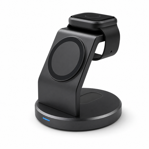 3 in 1 Wireless Charger in black on a clean white background
