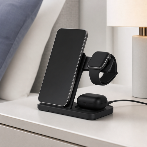 Black 3-in-1 wireless charging station on a bedside table with phone watch and earbuds