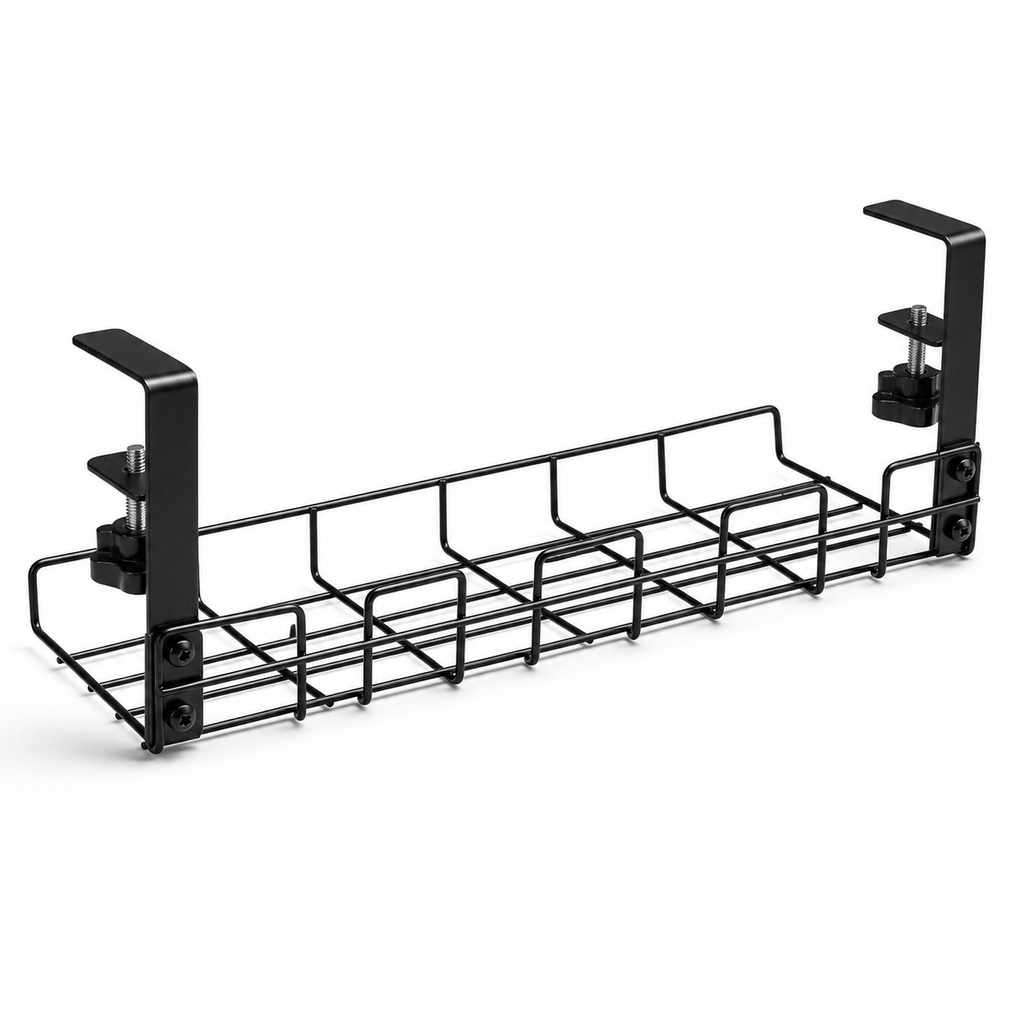 Black wire under-desk cable management tray on a white background