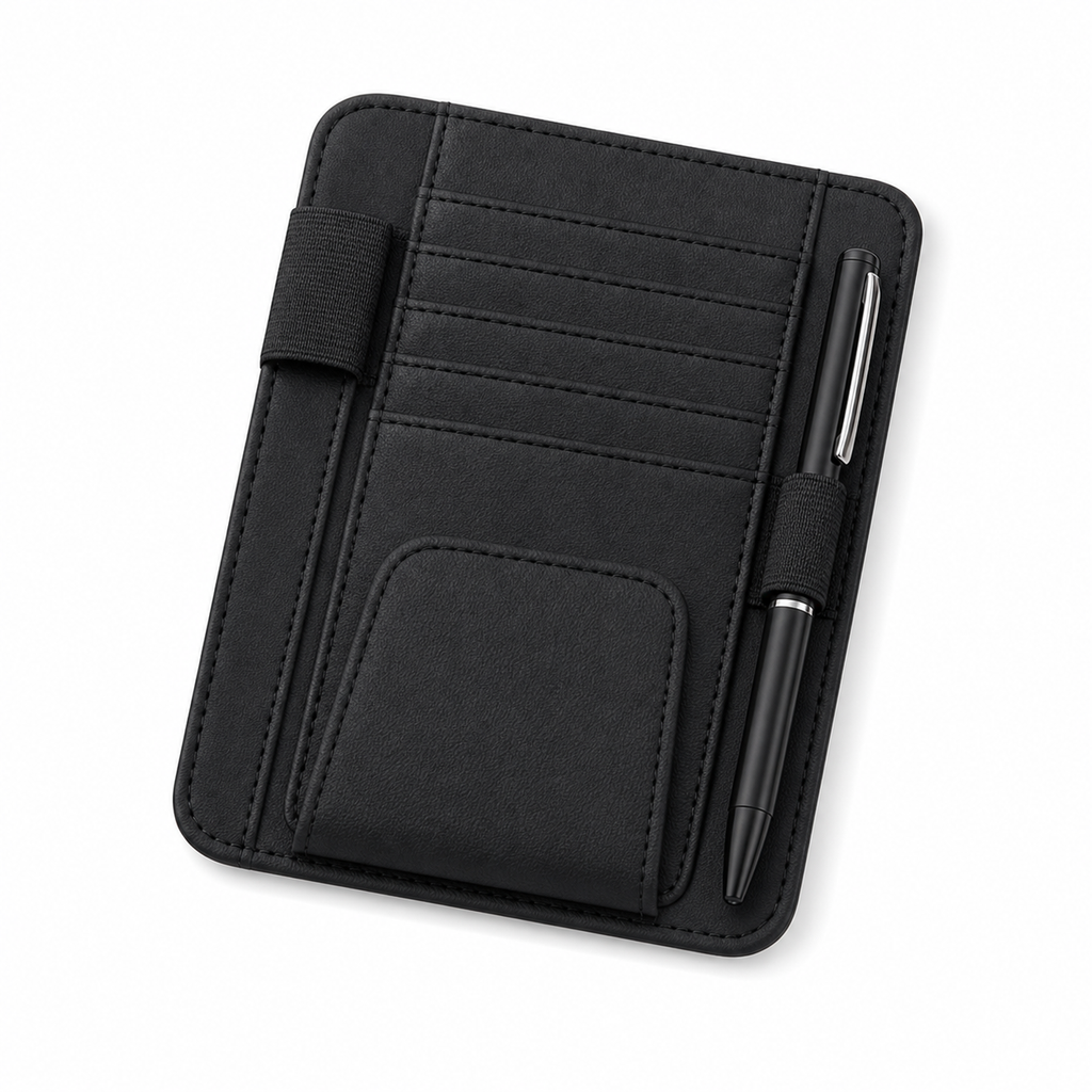 Black car sun visor organizer on a clean white background