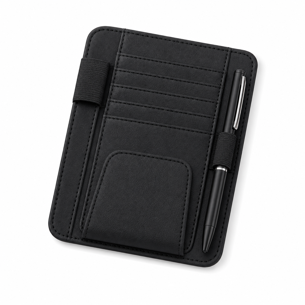 Black car sun visor organizer on a clean white background