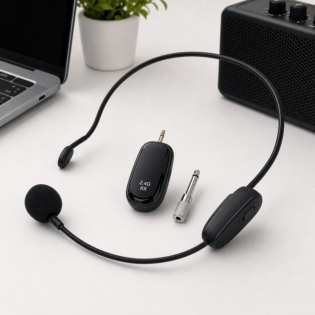Wireless headset microphone kit arranged on a clean desk setup