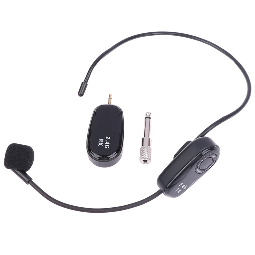 Wireless headset microphone kit with receiver and adapter on a white background