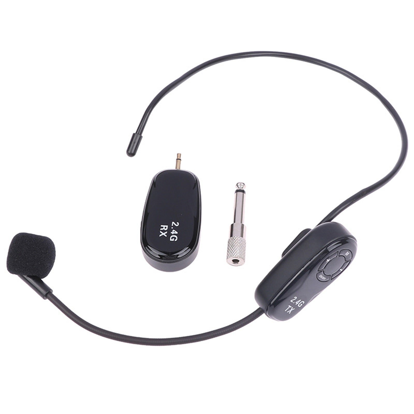 Wireless headset microphone kit with receiver and adapter on a white background